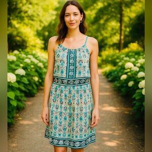 Maggie London Teal Floral Boho Print Sleeveless Summer Dress Size 12